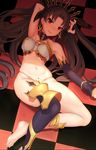  anklet arm_up armpits asymmetrical_legwear asymmetrical_sleeves bangs bare_shoulders barefoot black_hair crown detached_collar earrings elbow_gloves fate/grand_order fate_(series) gloves highres hoop_earrings ishtar_(fate/grand_order) jewelry long_legs looking_at_viewer lying navel neck_ring on_back parted_bangs qbase red_eyes single_elbow_glove single_thighhigh smile solo thighhighs two_side_up 