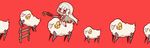  absurdres altera_(fate) altera_the_santa chibi commentary_request fake_facial_hair fake_mustache fate/grand_order fate_(series) fence highres jumping nuu_(nu-nyu) red_background red_eyes riding sheep silver_hair simple_background veil 