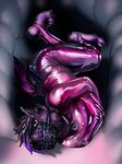  4_toes abstract_background anthro bdsm bodysuit bondage bound canine claws clothed clothing collar croft digital_drawing_(artwork) digital_media_(artwork) dog fur hair husky looking_at_viewer male mammal mekyro muzzle_(object) muzzled purple_eyes purple_fur purple_hair rubber shiny skinsuit solo straitjacket tight_clothing toe_claws toes 