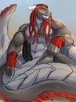  animal_genitalia clothing dragon dreadlocks eastern_dragon erection fingerless_gloves genital_slit gloves horn humanoid_penis male muscular muscular_male naga penis reptile scalie slit smile snake solaxe_(artist) solo 