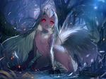  all_fours breasts claws commentary dark fangs feathers flat_chest forest full_body fuyouchu horns long_hair looking_at_viewer monster_girl monster_hunter monster_hunter:_world nature navel nipples nude open_mouth outdoors personification red_eyes scales slit_pupils solo tail tobi-kadachi tongue tree white_hair 