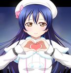  bangs blue_hair blush commentary_request detached_sleeves fur_trim hair_between_eyes hat heart heart_hands long_hair looking_at_viewer love_live! love_live!_school_idol_project ribbon simple_background smile snow_halation solo sonoda_umi upper_body wewe yellow_eyes 