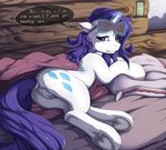  2018 animal_genitalia animal_pussy blackfury blue_eyes butt cutie_mark dialogue digital_media_(artwork) english_text equine equine_pussy female feral friendship_is_magic fur hair hooves horn inner_ear_fluff looking_at_viewer lying mammal my_little_pony pussy rarity_(mlp) solo text underhoof unicorn white_fur 