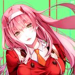  aqua_eyes bangs blush breasts buttons darling_in_the_franxx eyebrows_visible_through_hair green_eyes hairband hane_(hm) highres horns long_hair looking_at_viewer medium_breasts military military_uniform necktie pink_hair simple_background solo uniform zero_two_(darling_in_the_franxx) 