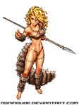  arm_warmers armlet bared_teeth barefoot blonde_hair breasts cave_elf_(ronindude) cleavage covered_nipples elf full_body highres holding holding_weapon leg_warmers lips long_hair medium_breasts navel original pointy_ears polearm ronindude single_strap solo spear tail toned weapon 