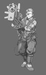  black_gloves boots code:reiyaado_vagrants_road eyepatch full_body gloves grey_background greyscale grin gun highres holding holding_gun holding_weapon male_focus meiz monochrome official_art pouch smile solo standing weapon 