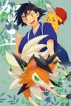  :d animal animal_on_back black_hair borrowed_garments brown_eyes clenched_hand gen_1_pokemon gen_7_pokemon green_eyes grey_background hat headwear_switch highres japanese_clothes looking_at_viewer lycanroc male_focus open_mouth pikachu pokemon pokemon_(creature) ran_kisaragi red_hat satoshi_(pokemon) smile translation_request upper_body wide_sleeves 