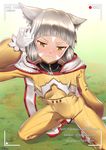  animal_ears bangs blunt_bangs blush bodysuit breasts cloak closed_eyes commentary_request facial_mark gloves grass half-closed_eyes hood hooded_cloak looking_at_viewer niyah outdoors recording shiny shiny_hair silver_hair small_breasts squatting sweatdrop vekneim watermark wavy_mouth web_address white_gloves xenoblade_(series) xenoblade_2 yellow_eyes 