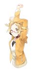  arms_up bad_id bad_pixiv_id bel_(pokemon) blonde_hair clenched_hand glasses green_eyes hat hat_removed headwear_removed highres jacket looking_at_viewer one_eye_closed orange_jacket pokemon pokemon_(game) pokemon_bw2 red-framed_eyewear shirt short_hair smile solo standing tang_elen undershirt upper_body white_shirt 