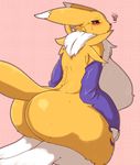  anthro big_breasts big_butt blue_eyes blush breasts butt canine digimon fdokkaku female fur huge_breasts kneeling looking_back mammal nude rear_view renamon solo thick_thighs yellow_fur 