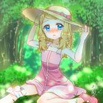  adjusting_headwear blue_eyes blurry blurry_background blush bow dress foot_out_of_frame forest hat hat_bow highres medium_hair nature open_mouth outdoors pink_bow pink_dress pink_footwear poke_ball_symbol pokemon pokemon_(anime) pokemon_xy_(anime) serena_(pokemon) shirokoro solo sun_hat tears 