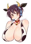  animal_ears animal_print bad_id bad_pixiv_id bare_shoulders bell bell_collar breasts brown_eyes brown_hair cleavage closed_mouth collar commentary_request cow_ears cow_horns cow_print goyain highres horns huge_breasts idolmaster idolmaster_cinderella_girls idolmaster_cinderella_girls_starlight_stage oikawa_shizuku short_hair simple_background solo upper_body white_background 