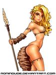  armlet blonde_hair breasts cave_elf_(ronindude) commentary elf eyebrows highres holding holding_weapon lips long_hair looking_at_viewer medium_breasts original pointy_ears polearm revision ronindude sideboob solo spear tail tribal wavy_hair weapon yellow_eyes 