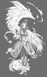  code:reiyaado_vagrants_road dress frilled_dress frills full_body grey_background greyscale hand_up highres long_hair looking_at_viewer meiz monochrome official_art ponytail solo standing wings 