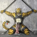  2016 ball_gag balls barbed_penis bdsm bell bondage bound chain cum cum_on_face cum_on_penis dildo equine_dildo erection feline gag green_eyes hufnaar kneeling looking_at_viewer male mammal muscular penis sex_toy solo tiger ulbrek 