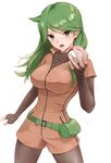  :o ace_trainer_(pokemon) blush bodysuit_under_clothes breasts brown_eyes commentary_request comugico covered_nipples cowboy_shot eyebrows_visible_through_hair fanny_pack green_hair highres holding holding_poke_ball long_hair looking_at_viewer medium_breasts poke_ball poke_ball_(generic) pokemon pokemon_(game) pokemon_dppt short_sleeves solo standing v-shaped_eyebrows zipper 