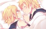  1boy 1girl aoi_choko_(aoichoco) bed bed_sheet blonde_hair blue_eyes blush brother_and_sister closed_eyes commentary_request hug kagamine_len kagamine_rin looking_at_another lying on_side pillow sailor_collar shirt short_hair siblings sleeping sleeveless sleeveless_shirt smile twins vocaloid 