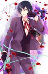  bandages black_hair blue_eyes bow bowtie bug butterfly copyright_name flower gen'ei_ibunroku_sharp_fe gloves highres insect male_focus multicolored_hair open_mouth petals rose shirayuki_shion solo sword tsurugi_yashiro two-tone_hair weapon white_hair 