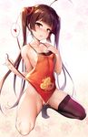  absurdres ahoge areola_slip areolae azur_lane bangs bare_shoulders black_legwear blush breasts brown_hair chinese_clothes chinese_new_year collarbone commentary_request dudou eyebrows_visible_through_hair floral_background full_body heart highres kneeling lips long_hair looking_at_viewer medium_breasts no_panties no_shoes parted_lips partially_visible_vulva ping_hai_(azur_lane) pussy_juice red_eyes shiny shiny_hair shiny_skin shuffle_(songdatiankong) single_thighhigh solo teeth thighhighs twintails untied 