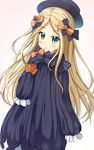  :o abigail_williams_(fate/grand_order) bangs black_bow black_dress black_hat blonde_hair blue_eyes blush bow bug butterfly commentary_request dress eyebrows_visible_through_hair fate/grand_order fate_(series) hair_bow hat insect long_hair long_sleeves looking_at_viewer object_hug orange_bow parted_bangs parted_lips sleeves_past_fingers sleeves_past_wrists solo stuffed_animal stuffed_toy teddy_bear tsuyukina_fuzuki very_long_hair 