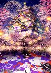  cherry_blossoms east_asian_architecture fireworks lantern night night_sky no_humans official_art original paper_lantern scenery sengoku_taisen sky watermark yonetuki 