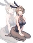  animal_ears bare_shoulders blush breasts brown_hair bunny_ears bunny_girl bunny_tail bunnysuit cleavage collarbone fake_animal_ears fangxiang_cuoluan fishnet_pantyhose fishnets green_eyes hair_ornament hairclip highres large_breasts leotard looking_at_viewer no_shoes original pantyhose parted_lips short_hair simple_background sitting solo tail white_background wrist_cuffs zoom_layer 