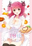  :d absurdres anniversary apron black_bow black_legwear bow breasts cheria_barnes cleavage curry curry_rice food frilled_apron frills fruit hair_bow highres kurimomo large_breasts looking_at_viewer naked_apron omelet omurice open_mouth orange orange_eyes pink_hair plate rice short_hair smile solo strawberry tales_of_(series) tales_of_graces thighhighs two_side_up white_apron 