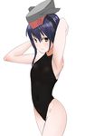  30-06 armpits arms_up asymmetrical_hair black_hair black_swimsuit brown_eyes competition_swimsuit covered_navel cowboy_shot hair_between_eyes hat headphones highleg highleg_swimsuit highres i-14_(kantai_collection) kantai_collection looking_at_viewer one-piece_swimsuit short_hair simple_background solo swimsuit white_background 