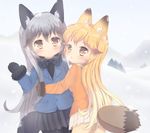  animal_ears bangs beige_legwear black_bow black_gloves black_legwear black_shirt black_skirt blonde_hair blue_jacket blue_sky bow breath brown_eyes closed_mouth commentary day eyebrows_visible_through_hair ezo_red_fox_(kemono_friends) foreign_blue fox_ears fox_girl fox_tail fur-trimmed_sleeves fur_trim gloves gradient_hair grey_hair hair_between_eyes hand_up jacket kemono_friends long_sleeves looking_at_viewer looking_back multicolored_hair multiple_girls orange_hair orange_jacket outdoors pantyhose parted_lips pine_tree pleated_skirt shirt silver_fox_(kemono_friends) skirt sky smile snow snowing tail tree white_skirt 