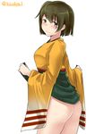  absurdres ass brown_eyes brown_hair green_hakama hair_between_eyes hakama hakama_lift hakama_skirt highres hiryuu_(kantai_collection) japanese_clothes kantai_collection kimono kiritto lifted_by_self long_sleeves one_side_up orange_kimono short_hair simple_background solo twitter_username white_background wide_sleeves 
