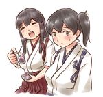  akagi_(kantai_collection) blush breasts brown_eyes brown_hair closed_eyes eyebrows_visible_through_hair gelatin holding holding_spoon japanese_clothes kaga_(kantai_collection) kantai_collection karasu_(naoshow357) large_breasts long_hair looking_at_another looking_away multiple_girls open_mouth side_ponytail simple_background spoon straight_hair tasuki upper_body white_background 