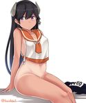  absurdres arms_behind_back bangs bare_arms bare_shoulders black_hair bottomless braid breasts character_name closed_mouth collarbone crop_top feet_out_of_frame groin hair_between_eyes headgear highres i-400_(kantai_collection) kantai_collection kiritto legs_together long_hair looking_at_viewer medium_breasts name_tag navel one-piece_swimsuit one-piece_tan orange_sailor_collar pouty_lips purple_eyes sailor_collar shiny shiny_skin shirt sideboob simple_background sitting sleeveless sleeveless_shirt solo stomach straight_hair swimsuit swimsuit_removed tan tanline tareme thighs twin_braids twitter_username very_long_hair white_background white_shirt 