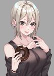  :p bare_shoulders blonde_hair blush breasts collarbone detached_sleeves doughnut earrings eyelashes food grey_background hair_between_eyes hamu_(plot_sy) highres holding holding_food idolmaster idolmaster_cinderella_girls jewelry large_breasts long_sleeves looking_at_viewer shiny shiny_hair shiomi_shuuko short_hair simple_background smile solo stud_earrings tank_top tongue tongue_out upper_body wristband 