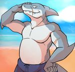  anthro beach blue_sky blue_swimsuit clothed clothing fish gash_(thegreatmatsutzu) marine muscular seaside shark sky solo thegreatmatsutzu topless 