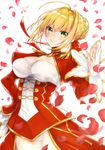  ahoge akariko blonde_hair breasts cleavage epaulettes fate/extra fate_(series) green_eyes hair_ribbon hand_on_hip highres looking_at_viewer medium_breasts nero_claudius_(fate) nero_claudius_(fate)_(all) petals red_ribbon ribbon short_hair simple_background smile solo white_background 
