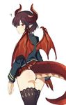  ? arms_at_sides ass backless_panties bangs black_legwear black_shirt blush closed_mouth cowboy_shot dragon_girl dragon_horns dragon_tail dragon_wings granblue_fantasy grea_(shingeki_no_bahamut) horns lips long_sleeves miniskirt panties plaid plaid_skirt pleated_skirt pointy_ears purple_hair red_eyes red_panties red_skirt red_wings scales shingeki_no_bahamut shirt short_hair skirt smile solo standing sunao_(souis) tail tail_lift thighhighs underwear white_background wings 