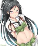  absurdres armpit_cutout arms_behind_back bangs belt black_hair blue_eyes blue_hair blush closed_mouth crop_top dutch_angle gradient_hair hair_ribbon highres hip_vent kantai_collection katsuragi_(kantai_collection) kiritto long_hair midriff multicolored_hair navel parted_bangs ponytail raised_eyebrows ribbon shiny shiny_hair shiny_skin short_sleeves simple_background skirt smile solo stomach straight_hair twitter_username upper_body very_long_hair wavy_mouth white_background white_ribbon white_skirt 