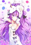  :o absurdres arms_up azur_lane breasts cleavage covered_navel dress eyebrows_visible_through_hair gradient gradient_background hair_bun highres lira long_hair looking_at_viewer medium_breasts purple_eyes purple_hair solo stuffed_unicorn unicorn_(azur_lane) very_long_hair white_dress 