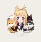  1girl :d animal animal_ear_fluff animal_ears babydoll bangs black_footwear black_gloves black_legwear blonde_hair blue_eyes blush chibi closed_eyes commentary_request copyright_name dog elbow_gloves eyebrows_visible_through_hair foreign_blue fox g41_(girls_frontline) girls_frontline gloves grey_background hair_between_eyes heterochromia long_hair looking_at_viewer mismatched_legwear open_mouth red_eyes shoes simple_background sitting smile solo thighhighs upper_teeth very_long_hair watermark web_address white_babydoll white_legwear 