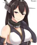  absurdres bare_shoulders black_gloves black_hair blush breasts collar elbow_gloves gloves hand_on_own_neck hand_up headgear highres kantai_collection kiritto large_breasts long_hair looking_at_viewer nagato_(kantai_collection) red_eyes seductive_smile shiny shiny_hair simple_background sleeveless smile solo straight_hair twitter_username underbust white_background 