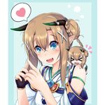  &gt;_&lt; :d azur_lane blue_eyes brown_hair chibi commentary_request detached_sleeves double_bun dual_persona fang heart horns long_hair looking_at_viewer mctom multiple_girls open_mouth oyashio_(azur_lane) pointy_ears shared_bathing simple_background smile spoken_heart xd 