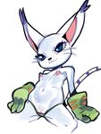  black_nose blue_eyes breasts clothing colored_sketch cute digimon erect_nipples eyelashes feline female fur gatomon gloves jijis-waifus long_tail mammal navel nipples partially_visible_pussy pussy sketch small_breasts solo thong whiskers white_fur 