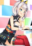  :d animal_ears arm_support bangs black_dress blue_eyes blunt_bangs blush breasts cat_ears checkered cleavage cleavage_cutout crossed_legs desktop dress eyebrows_visible_through_hair fake_animal_ears feet_out_of_frame hand_on_own_cheek kaguya_luna kaguya_luna_(character) large_breasts mouse_(computer) multicolored multicolored_background obi open_mouth red_legwear ribbon sash shiero. shiny shiny_hair short_dress short_hair short_twintails silver_hair sitting skindentation sleeveless sleeveless_dress smile solo sweatband thighhighs twintails virtual_youtuber white_ribbon zettai_ryouiki 