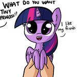  ! 2016 ? chibi cute dialogue disembodied_hand english_text equine eyelashes feathered_wings feathers female feral friendship_is_magic hair holding_character horn human looking_at_viewer mammal multicolored_hair my_little_pony open_mouth open_smile purple_eyes simple_background size_difference smile solo_focus teeth text tjpones tongue twilight_sparkle_(mlp) white_background winged_unicorn wings 