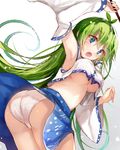  arm_up armpits ass blue_eyes blue_skirt blush breasts commentary_request cowboy_shot detached_sleeves efe eyebrows_visible_through_hair from_behind gradient gradient_background green_hair grey_background hair_ornament hair_tubes holding kochiya_sanae large_breasts leaning_forward long_hair long_sleeves looking_at_viewer looking_back md5_mismatch midriff open_mouth panties shirt simple_background skirt sleeveless sleeveless_shirt snake_hair_ornament solo touhou underboob underwear very_long_hair white_background white_panties white_shirt wide_sleeves 