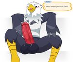  ? animal_crossing anthro apollo_(animal_crossing) avian balls beak big_balls big_penis bird black_eyes blush bottomless clothed clothing dialogue eagle english_text erection feathers half-closed_eyes humanoid_penis looking_at_viewer male nintendo one_eye_closed penis question shirt sitting smile solo spread_legs spreading text thick_penis tongue tongue_out video_games wings youwannaslap 