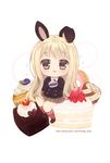  :d animal_ears bangs black_footwear black_jacket blazer blonde_hair blush brown_eyes brown_hair brown_skirt bunny_ears cake chibi collared_shirt commentary_request eyebrows_visible_through_hair food food_on_face foreign_blue highres holding holding_food jacket kneehighs loafers long_hair looking_at_viewer open_mouth original plaid plaid_skirt pleated_skirt red_legwear shirt shoes sitting skirt slice_of_cake smile solo sparkle upper_teeth very_long_hair watermark web_address white_background white_shirt 
