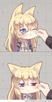  2koma animal_ears bangs blonde_hair blue_eyes blue_flower blue_rose blush cat_ears cheek_pinching chibi closed_mouth comic commentary_request eyebrows_visible_through_hair fang fingernails flower foreign_blue g41_(girls_frontline) girls_frontline hair_between_eyes hands_up heterochromia highres korean long_hair long_sleeves out_of_frame parted_lips pinching red_eyes rose sidelocks translation_request very_long_hair watermark web_address white_babydoll 