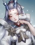  artist_name fur_trim highres horns japanese_clothes leaf long_hair male_focus one_eye_closed onmyoji open_mouth ponytail red_eyes snow_bunny snowing solo touya12 white_hair yuki_douji_(onmyoji) 