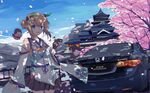  :d architecture azur_lane black_hair blue_eyes brown_hair car car_keys castle cherry_blossoms commentary_request detached_sleeves east_asian_architecture ground_vehicle hair_bun hair_ornament hairpin highres honda honda_spirior horns long_hair looking_at_viewer motor_vehicle multiple_girls oni_horns open_mouth oyashio_(azur_lane) petals pleated_skirt school_uniform serafuku shade shigure_(azur_lane) skirt smile tianyu_jifeng wind 